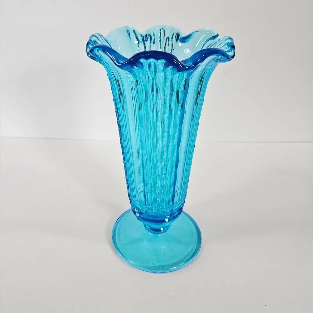 Vintage Aqua Ice Blue Footed Ruffled Ribbed Textured Depression Glass Vase 10
